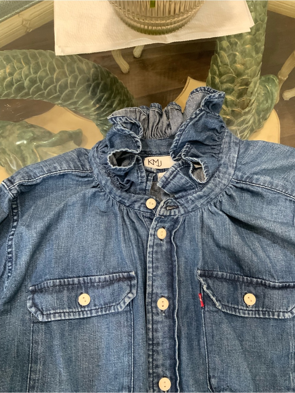 KMJ Girls' Ruffled Collar Denim Jacket in Medium Blue